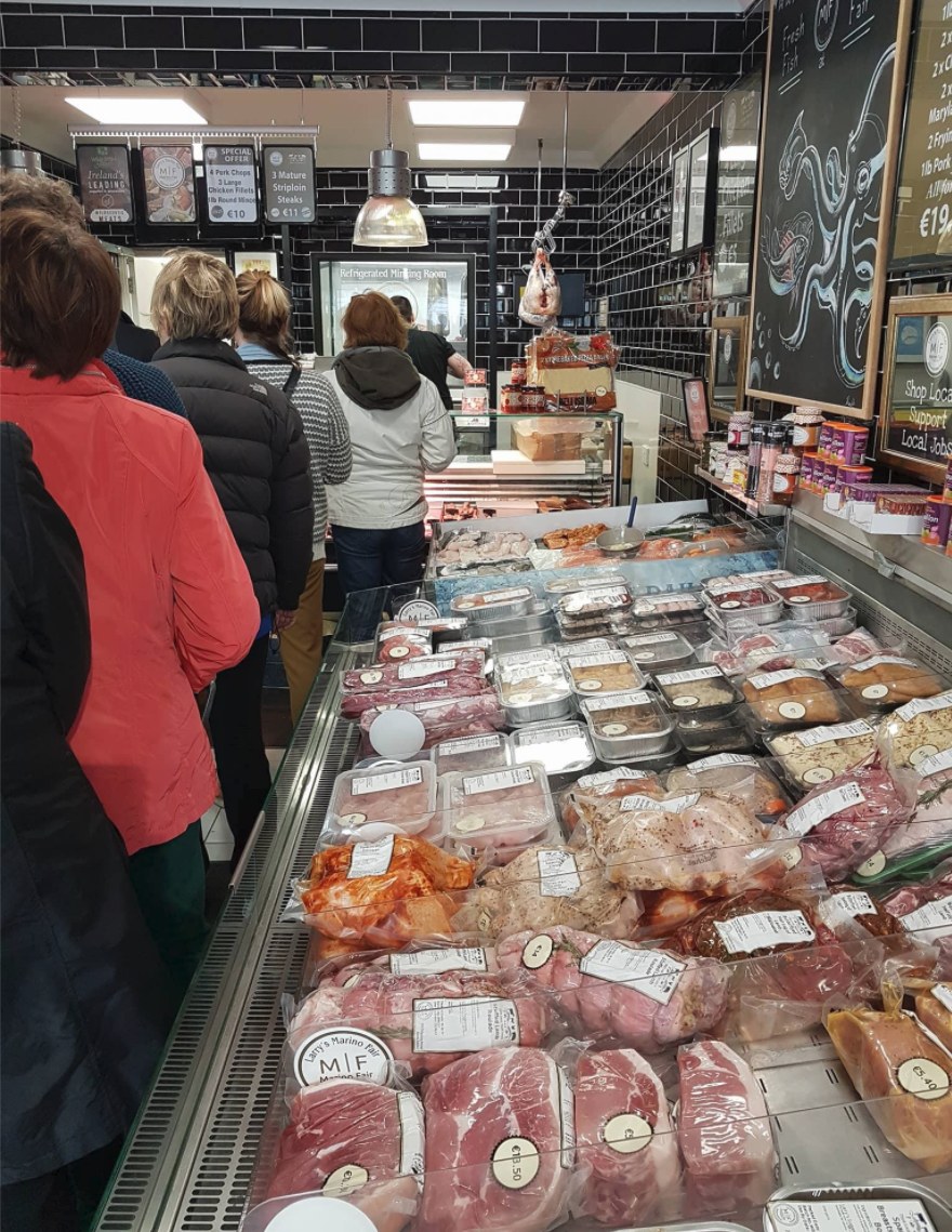 Meat counter at Market Fair Butchers & Grocers on Philipsburgh Avenue, packed with fresh Irish cuts